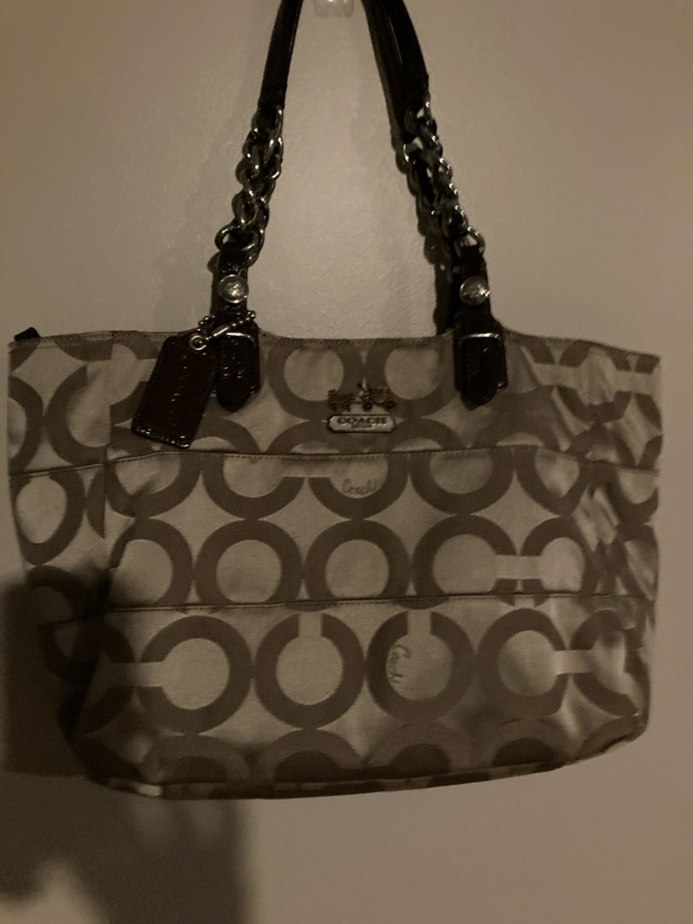 Coach Beige Signature Jacquard Tote with Brown Leather Chain Handles